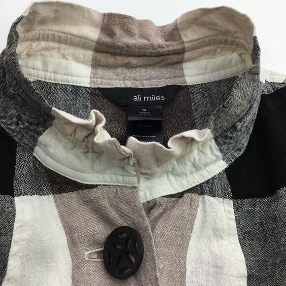 Ali Miles Linen Blend Button Up Tunic sz M Nova Check Plaid Ruffle Babydoll NEW - Picture 5 of 11